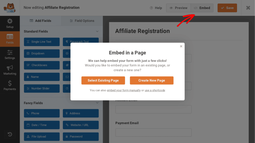 Embed affiliate registration form