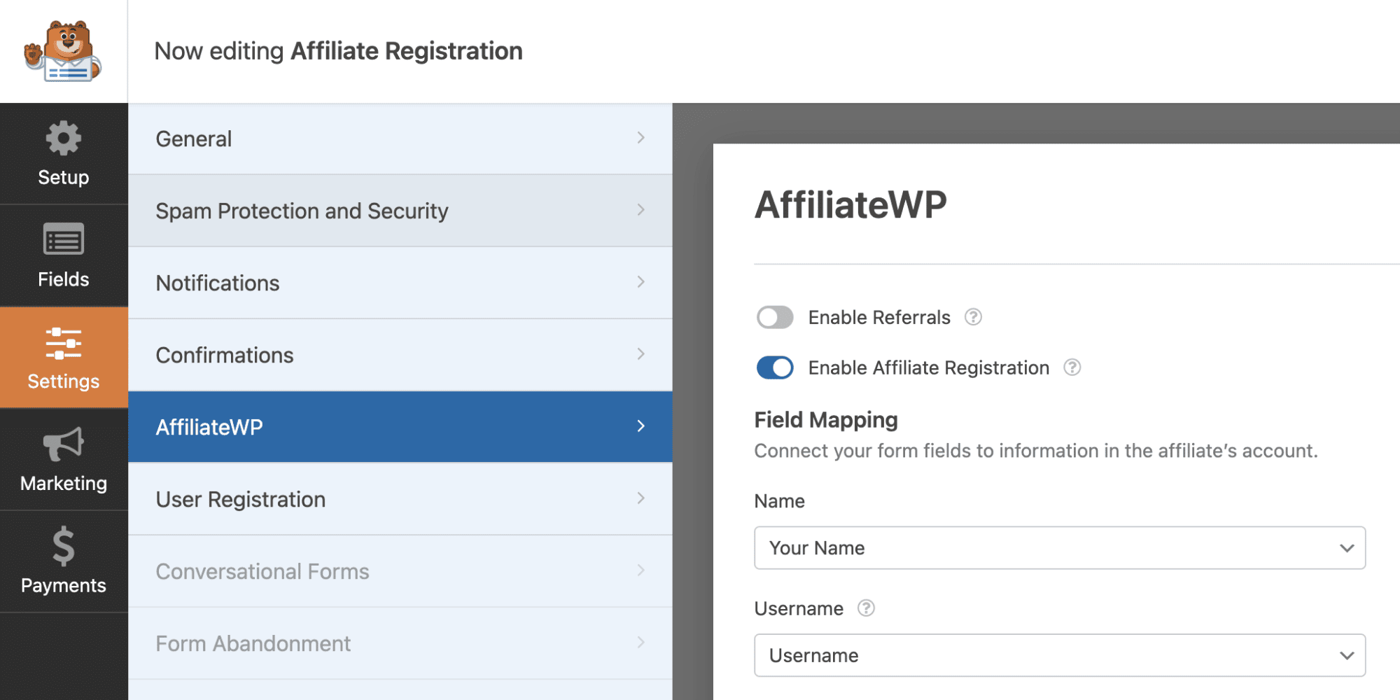 affiliate registration form wpforms