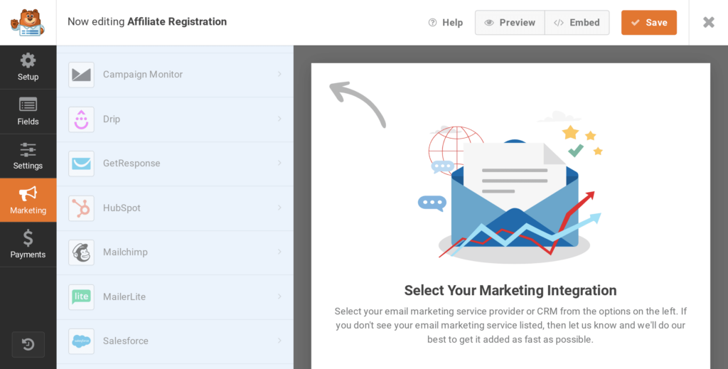 Integrate affiliate registration forms with email marketing and CRM software