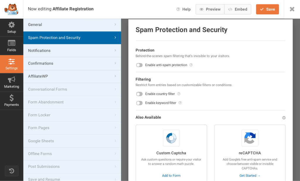 Spam protection for affiliate registration forms