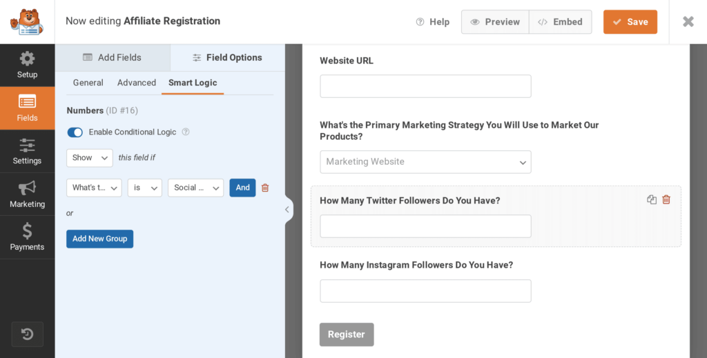 Using conditional logic on affiliate registration forms