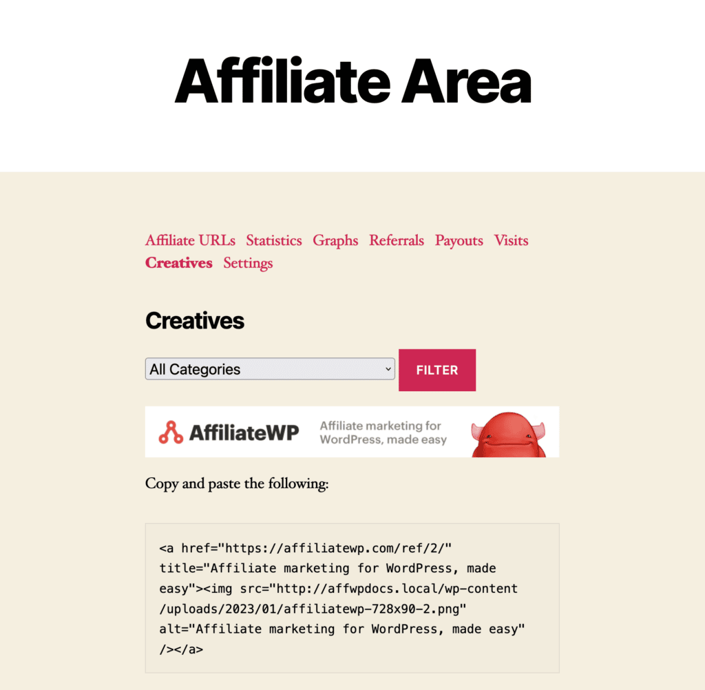 view of default affiliate area creatives screen with the categories dropdown list and filter button displayed