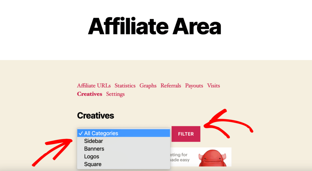 view of default affiliate-area creatives screen showing the categories dropdown list expanded