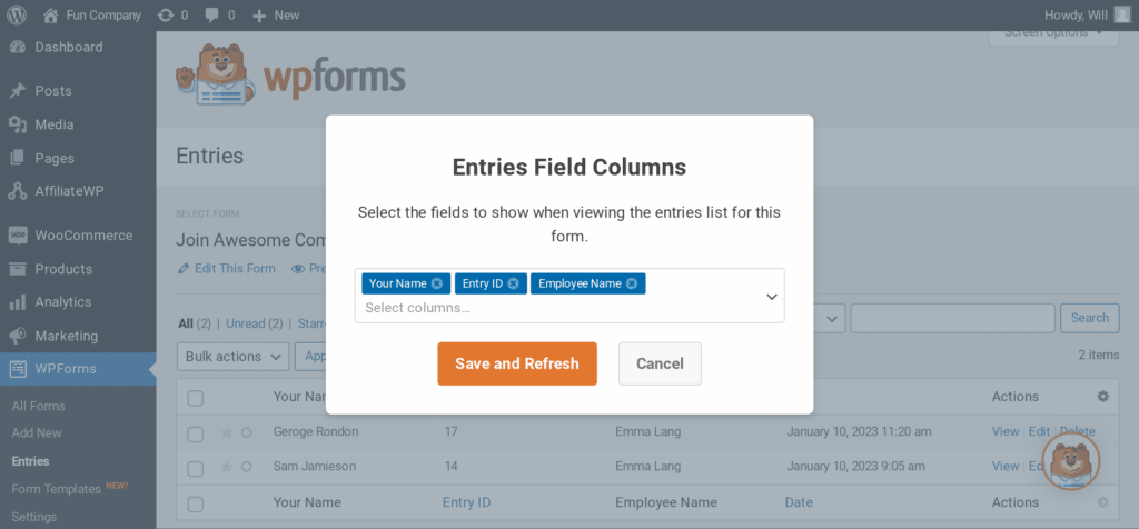 Edit columns in WPForms