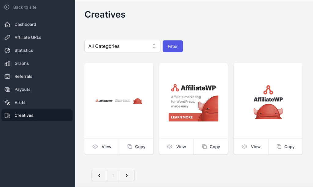 view of Affiliate Portal creatives screen with the categories dropdown list and filter button displayed