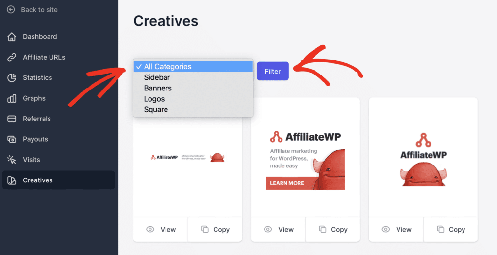 view of Affiliate Portal creatives screen showing the categories dropdown list expanded, and noting the Filter button to use