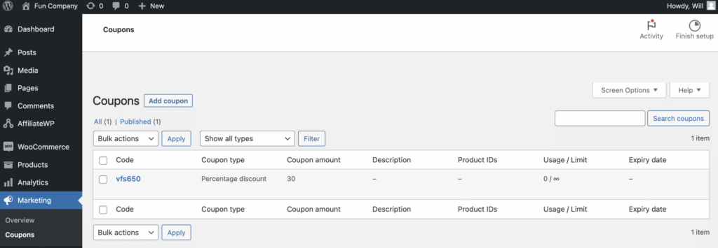 Add coupons in WordPress