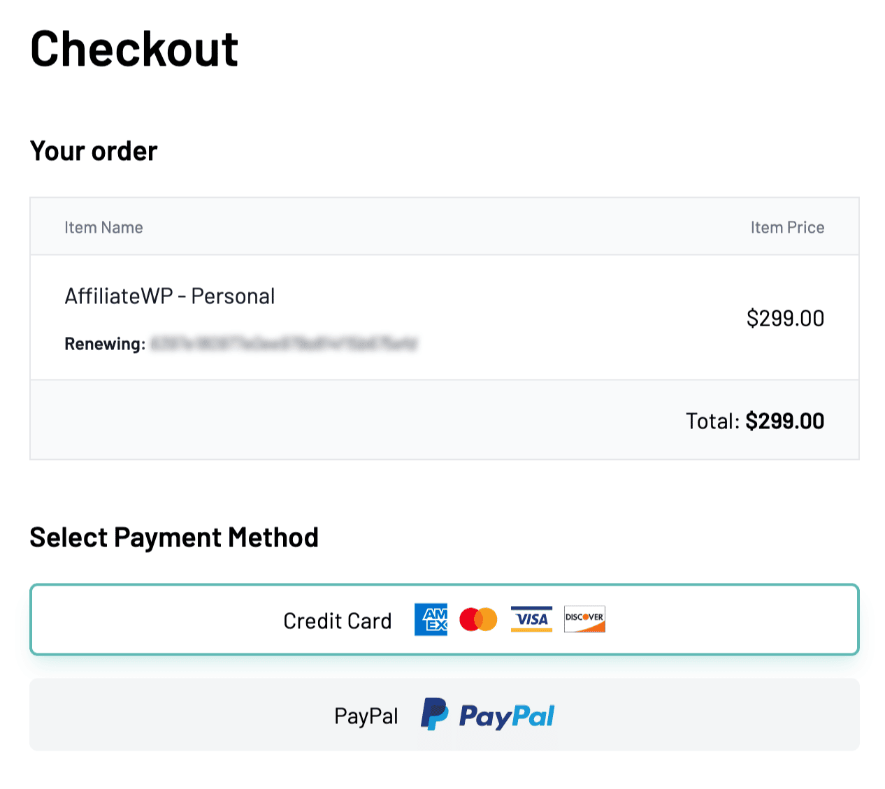 Checkout page for AffiliateWP license renewal - AffiliateWP