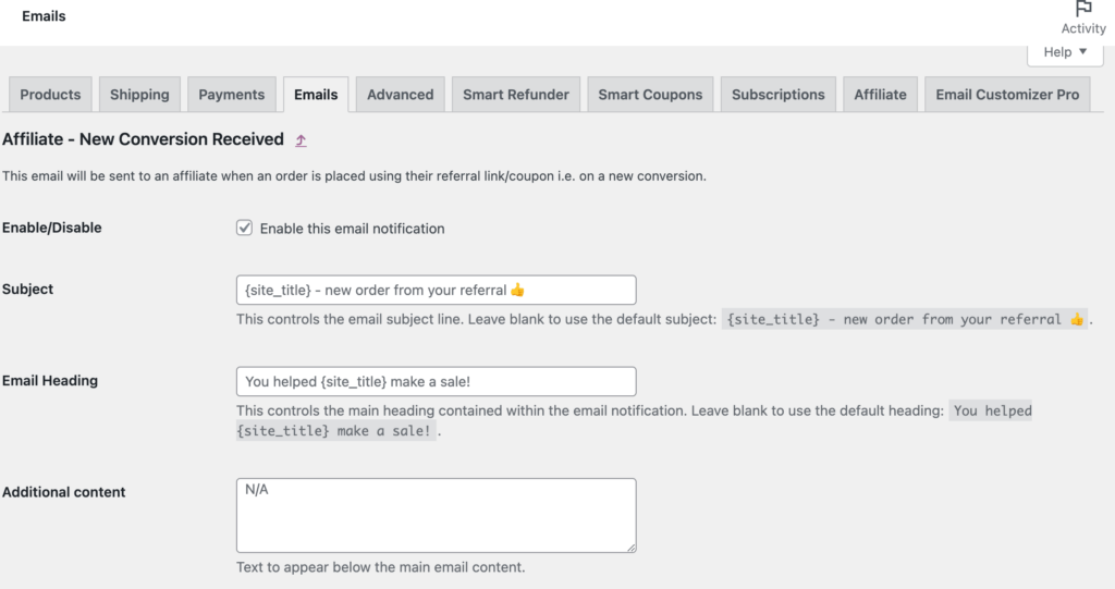 Edit emails in Affiliate for WooCommerce