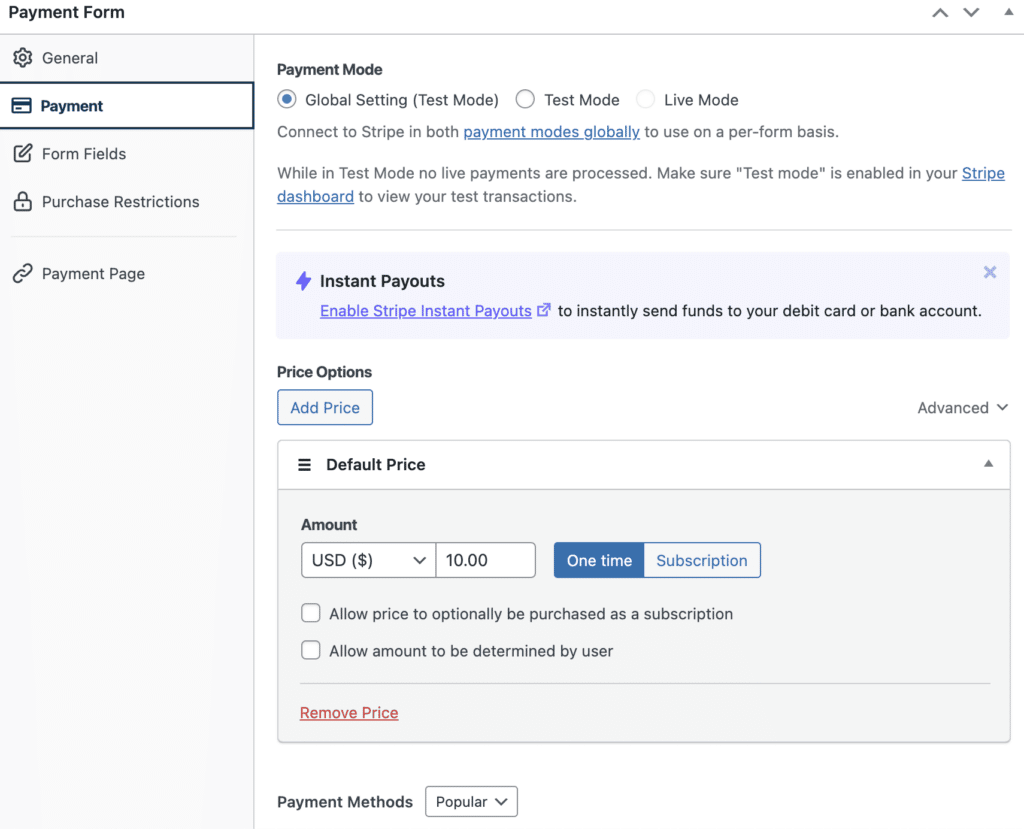 Payment form payment settings