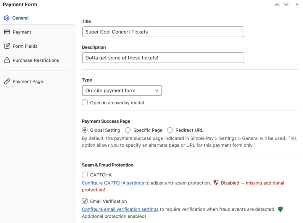 Payment form general settings
