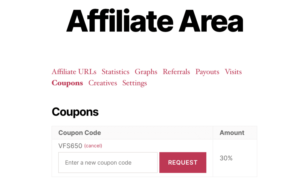 Vanity Coupon Codes in the Affiliate Area