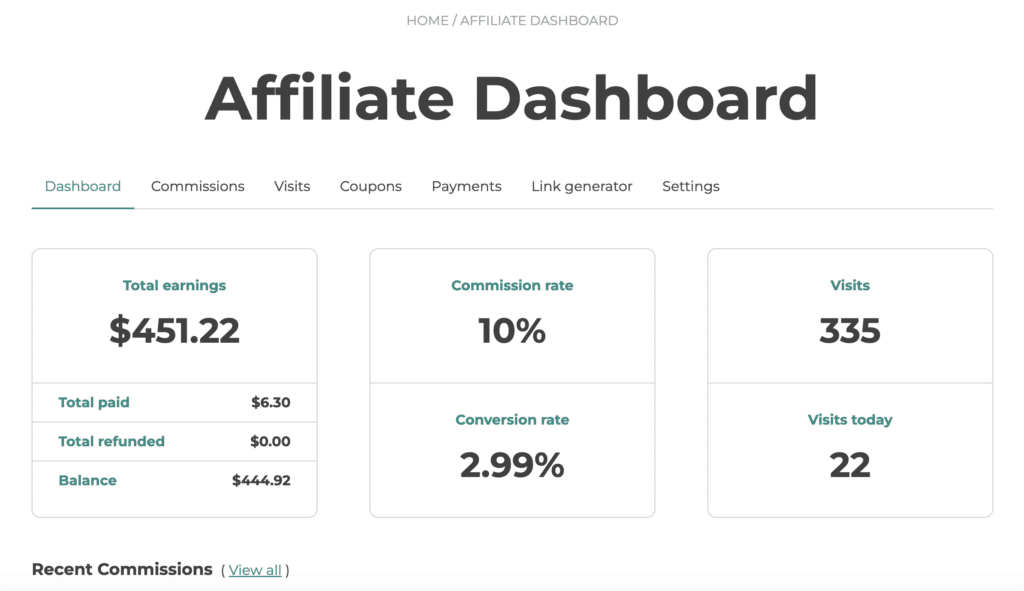 Yith WooCommerce Affiliates dashboard