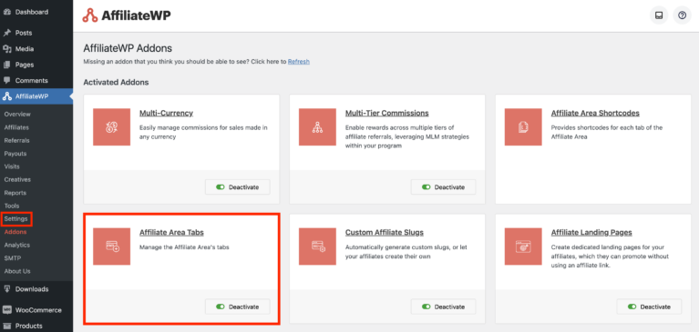 Affiliate area tabs addon