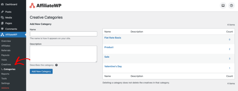 AffiliateWP creatives category settings