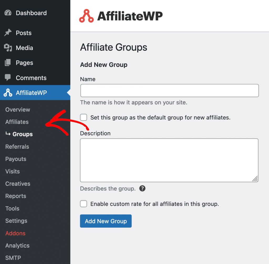 Affiliate Groups in WordPress Dashboard