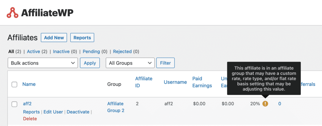 Affiliate list notice that affiliate is part of a group