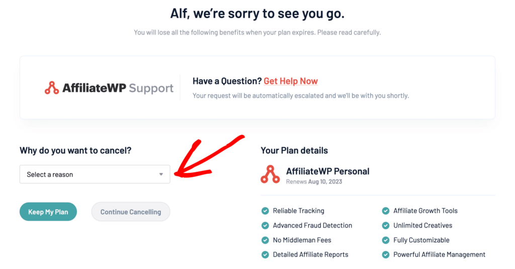 Choosing a reason for canceling your AffiliateWP license