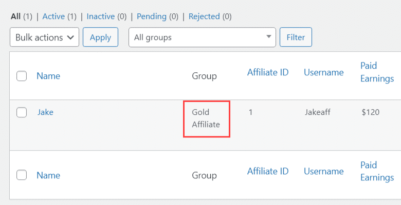 see which group an affiliate belongs to