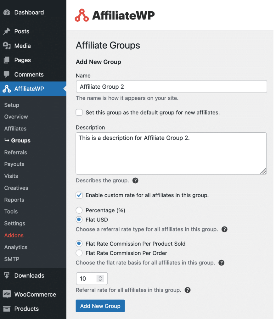 Add affiliate group with a flat rate  type