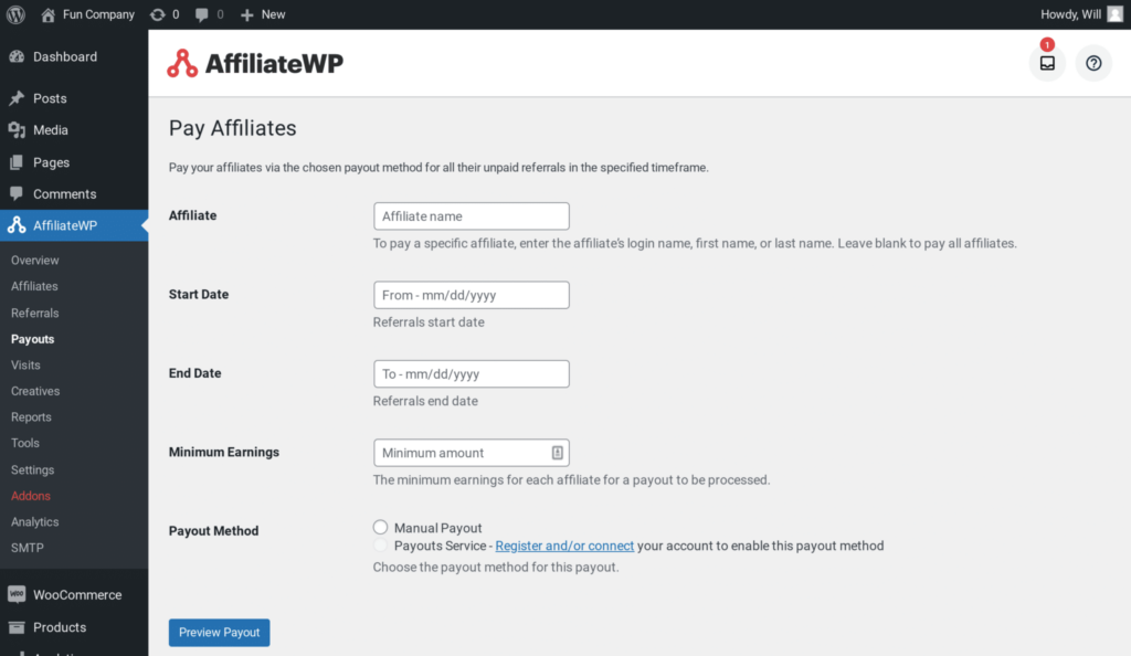 Affiliate Payout settings