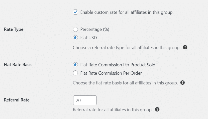 Enable custom rate for all affiliates in this group