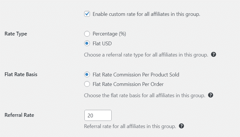 Enable custom rate for all affiliates in this group