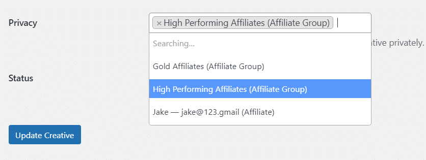 choose an affiliate or a group from the dropdown