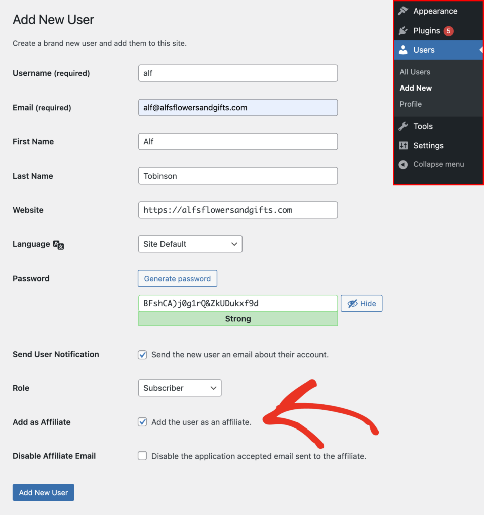 The Add New User page in WordPress, highlighting the Add as Affiliate checkbox option