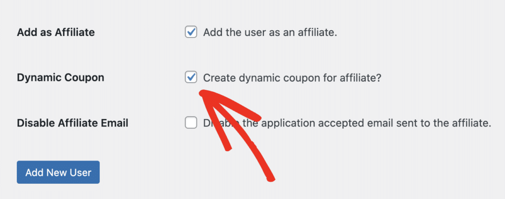 The Add New User page in WordPress, highlighting the Dynamic Coupon checkbox option