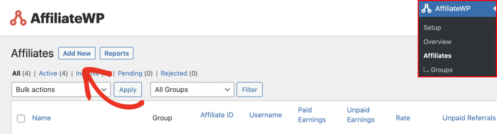 The Add New button on AffiliateWP's Affiliates admin page