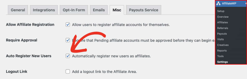 The Auto Register New Users option from AffiliateWP's Settings admin page