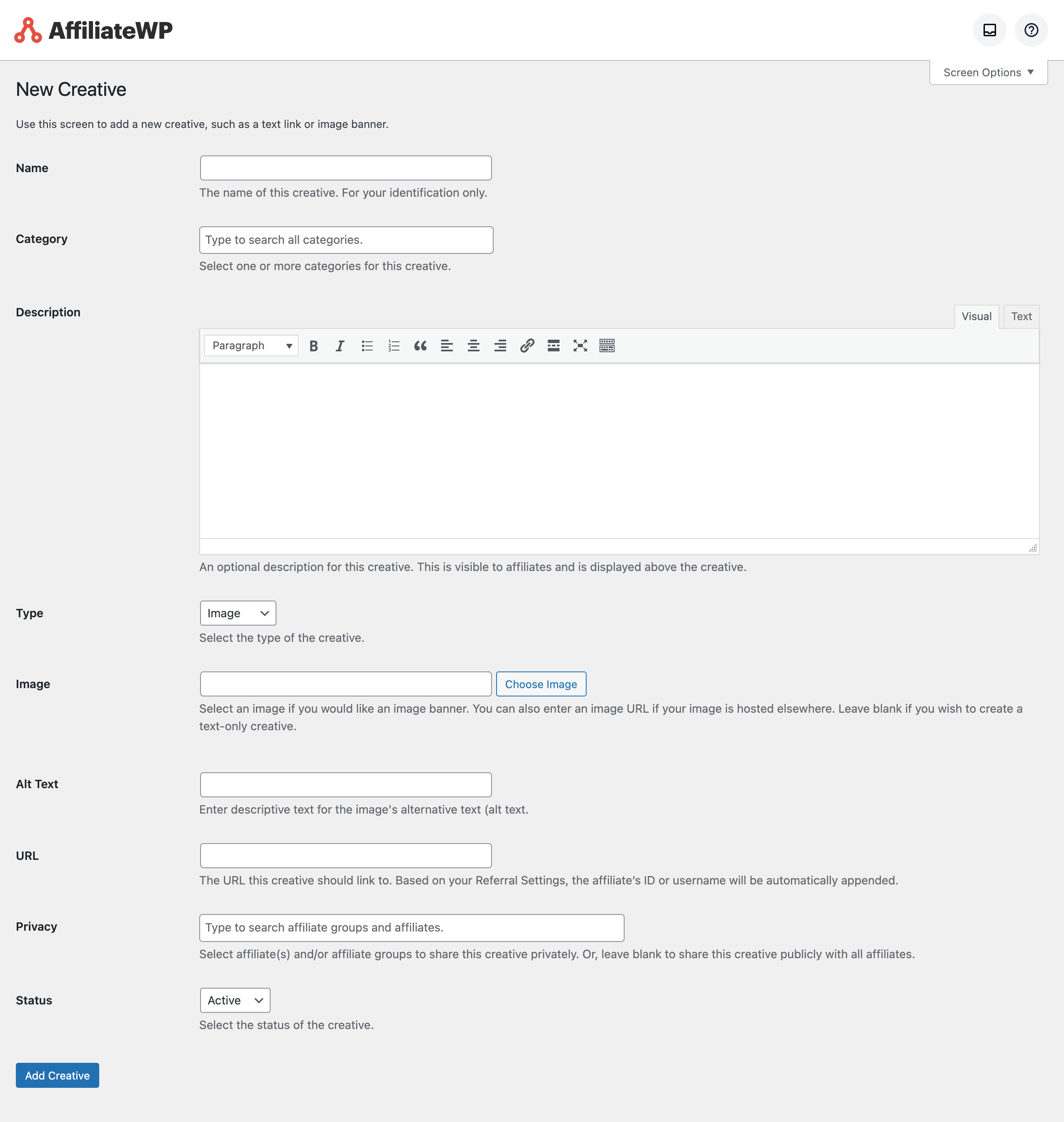 empty new creative admin screen