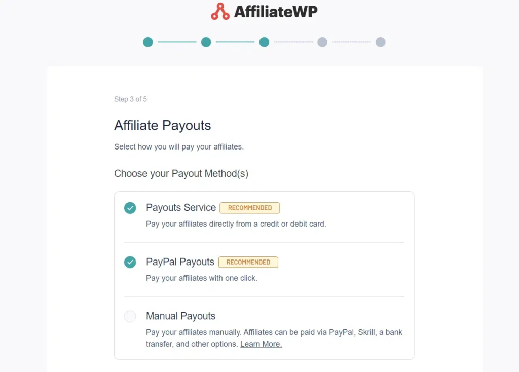 Setup Wizard affiliate payout