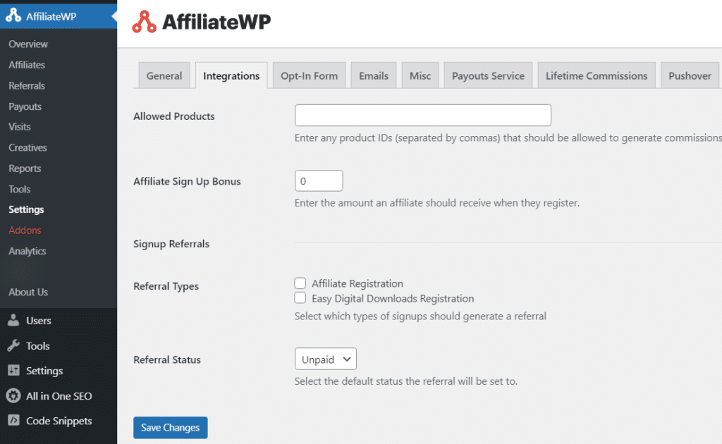 Configuring Allowed Products in AffiliateWP