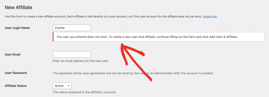 Entering a User Login Name which doesn't exist on AffiliateWP's New Affiliate admin page