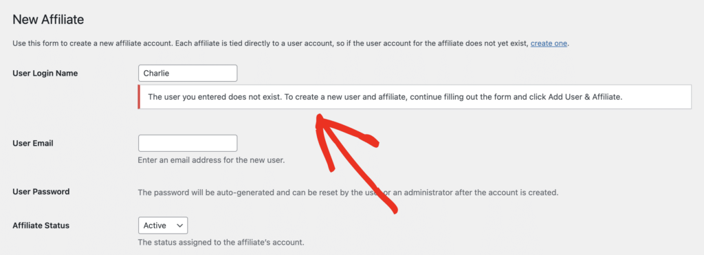 Entering a User Login Name which doesn't exist on AffiliateWP's New Affiliate admin page