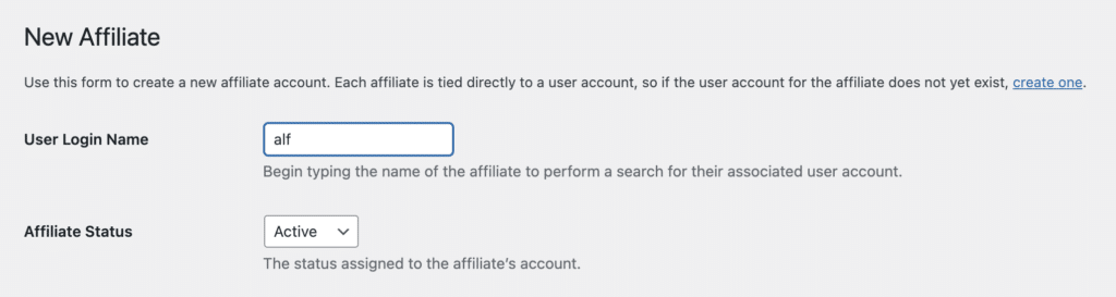 Selecting a user account on AffiliateWP's New Affiliate admin page