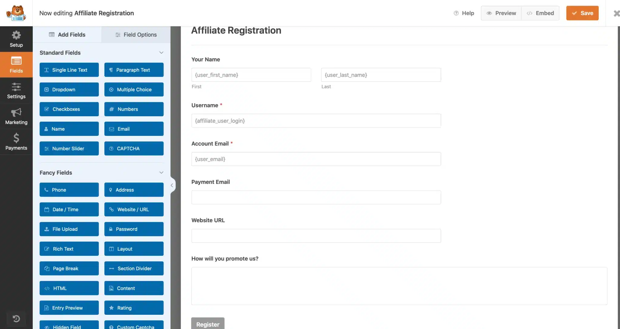 WP forms affiliate registration