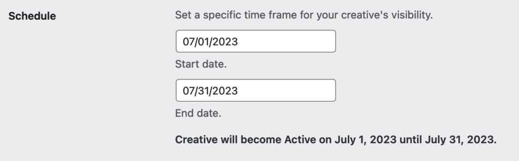 Select start and end date for creative