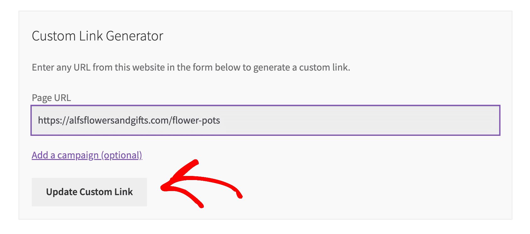 update link in custom link generator
