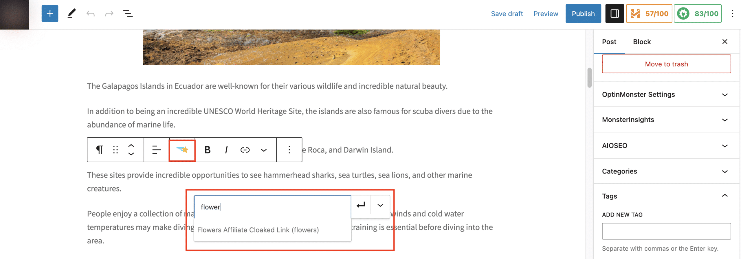 Adding your cloaked link to a word press post