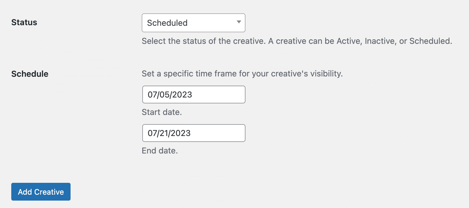 Scheduling a new creative
