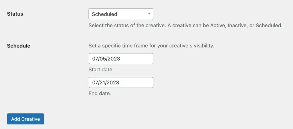 add start and end dates to schedule creative