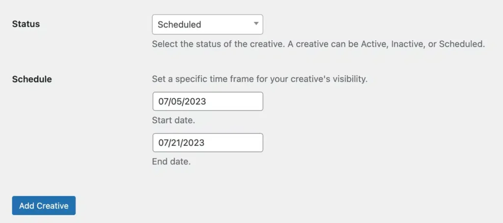 add start and end dates to schedule creative