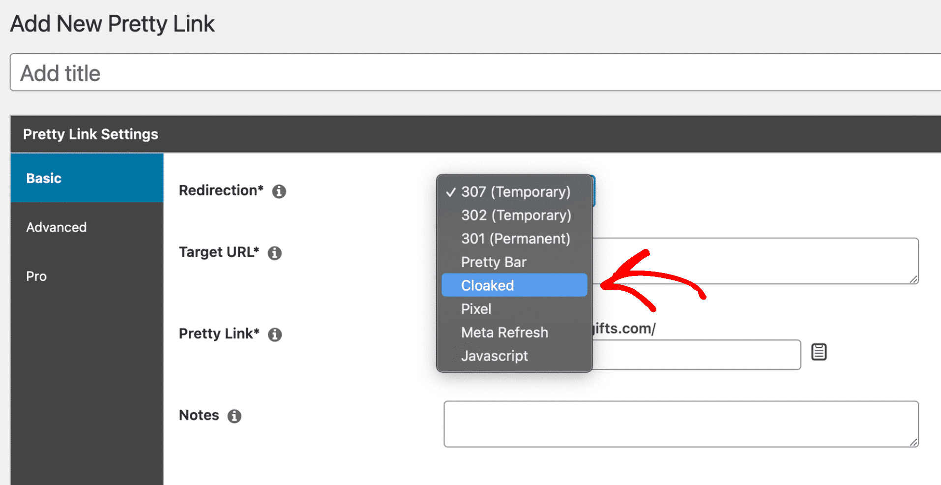 Select cloaked from redirection dropdown