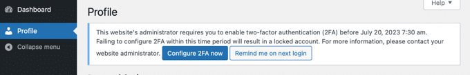 Users notified about setting up 2FA