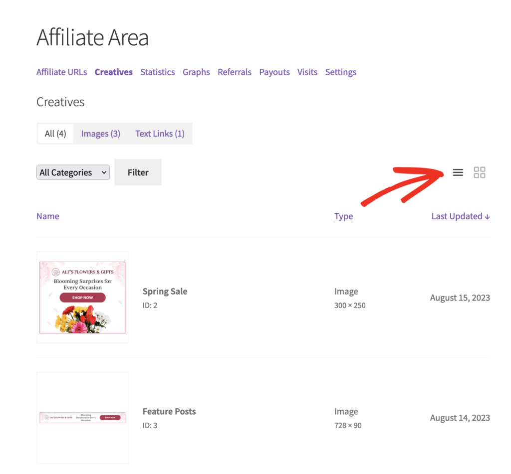view of default list view of the affiliate area creatives screen