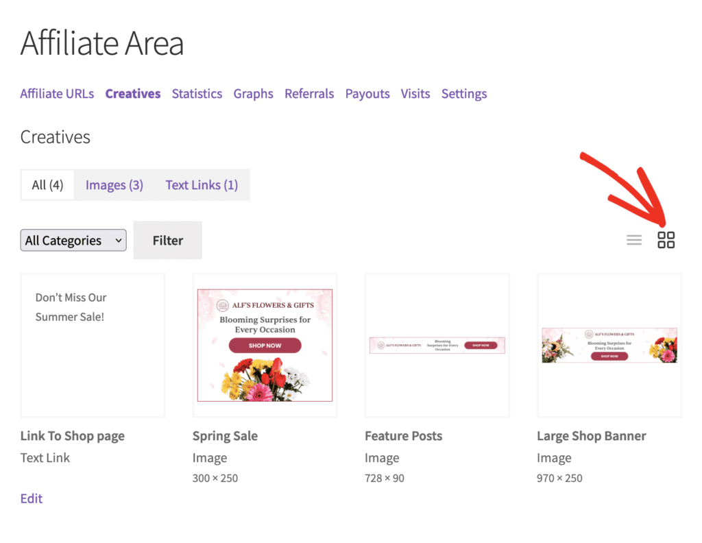 view of the grid view of the affiliate area creatives screen