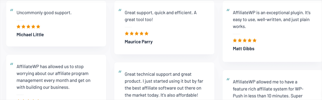 AffiliateWP support testimonials